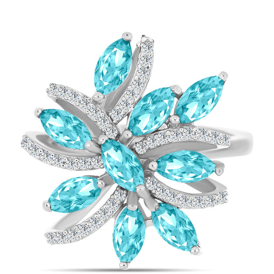 Stříbro 925/1000 - Prsten s Paraiba Křemenem a Bílým Topazem - Karátové číslo: 2.18. přibližná hmotnost: 5.76 gramů