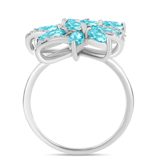 Stříbro 925/1000 - Prsten s Paraiba Křemenem a Bílým Topazem - Karátové číslo: 2.18. přibližná hmotnost: 5.76 gramů