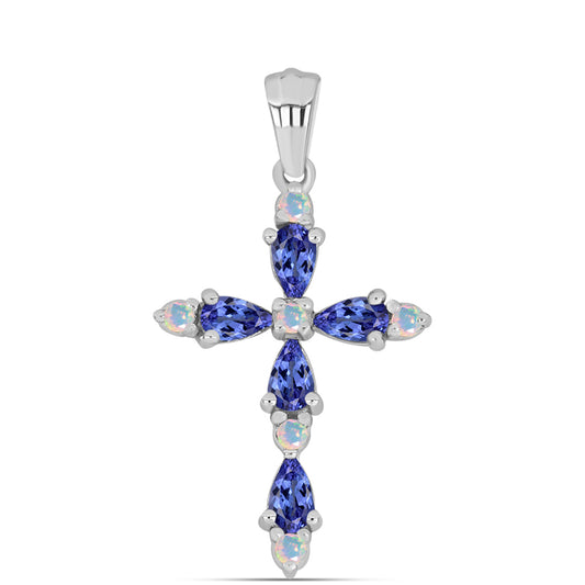 Stříbro 925/1000 - Přívěsek s AAA Tanzanitem a Bílým Etiopským Opálem z Lega Dembi - Karátové číslo: 1.13. přibližná hmotnost: 2.64 gramů