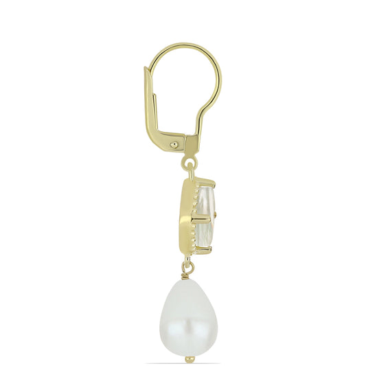 Pozlacené Stříbro 925/1000 - Náušnice s Lasturou a Bílou Sladkovodní Perlou - Karátové číslo: 10.92. přibližná hmotnost: 4.94 gramů