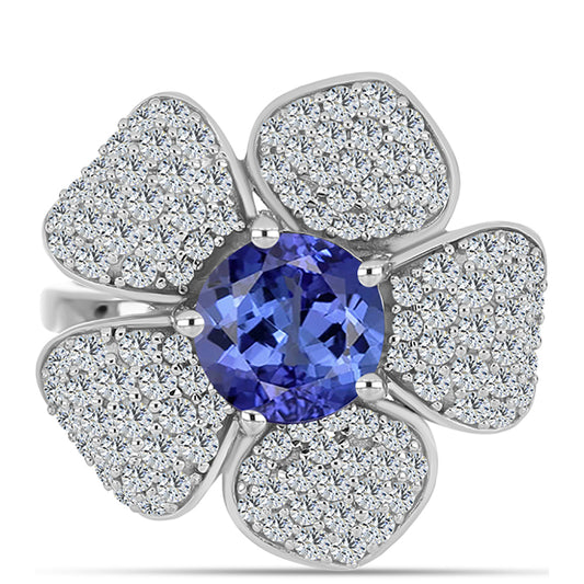 Stříbro 925/1000 - Prsten s AAA Tanzanitem a Bílým Topazem - Karátové číslo: 3.43. přibližná hmotnost: 5.94 gramů