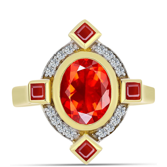 Pozlacené Stříbro 925/1000 - Prsten s Etiopským Červeným Opálem z Lega Dembi a Bílým Topazem - Karátové číslo: 1.35. přibližná hmotnost: 4.47 gramů