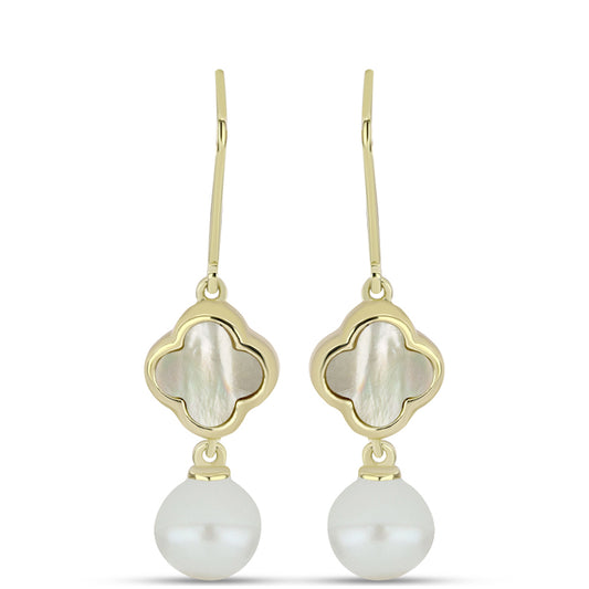 Pozlacené Stříbro 925/1000 - Náušnice s Lasturou a Bílou Sladkovodní Perlou - Karátové číslo: 9.45. přibližná hmotnost: 5.07 gramů