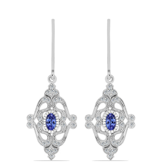 Stříbro 925/1000 - Náušnice s AAA Tanzanitem a Bílým Topazem - Karátové číslo: 0.75. přibližná hmotnost: 3.75 gramů