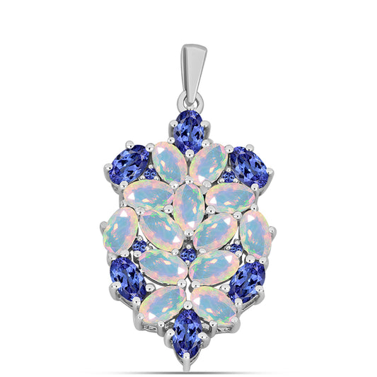 Stříbro 925/1000 - Přívěsek s AAA Tanzanitem a Bílým Etiopským Opálem z Lega Dembi - Karátové číslo: 3.44. přibližná hmotnost: 3.4 gramů