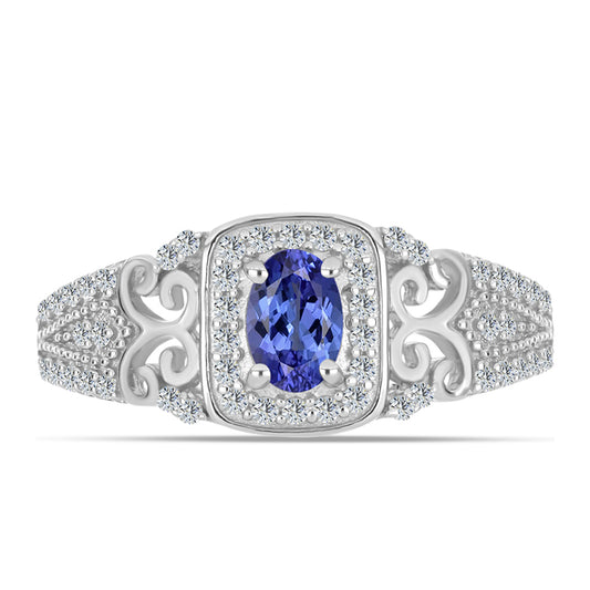 Stříbro 925/1000 - Prsten s AAA Tanzanitem a Bílým Topazem - Karátové číslo: 0.79. přibližná hmotnost: 3.03 gramů