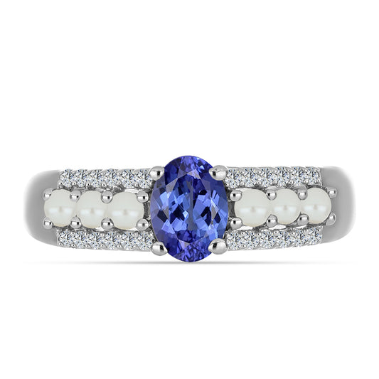 Stříbro 925/1000 - Prsten s AAA Tanzanitem a Bílou Sladkovodní Perlou - Karátové číslo: 1.37. přibližná hmotnost: 3.43 gramů