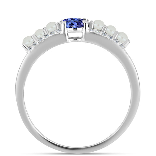 Stříbro 925/1000 - Prsten s AAA Tanzanitem a Bílou Sladkovodní Perlou - Karátové číslo: 1.37. přibližná hmotnost: 3.43 gramů