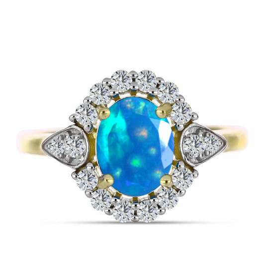 Pozlacené Stříbro 925/1000 - Prsten s Etiopským Nebeským Opálem a Bílým Topazem - Karátové číslo: 1.64. přibližná hmotnost: 3.17 gramů