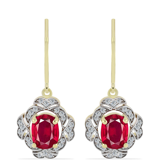 Pozlacené Stříbro 925/1000 - Náušnice s Madagaskarským Rubínem a Bílým Topazem - Karátové číslo: 3.98. přibližná hmotnost: 3.73 gramů