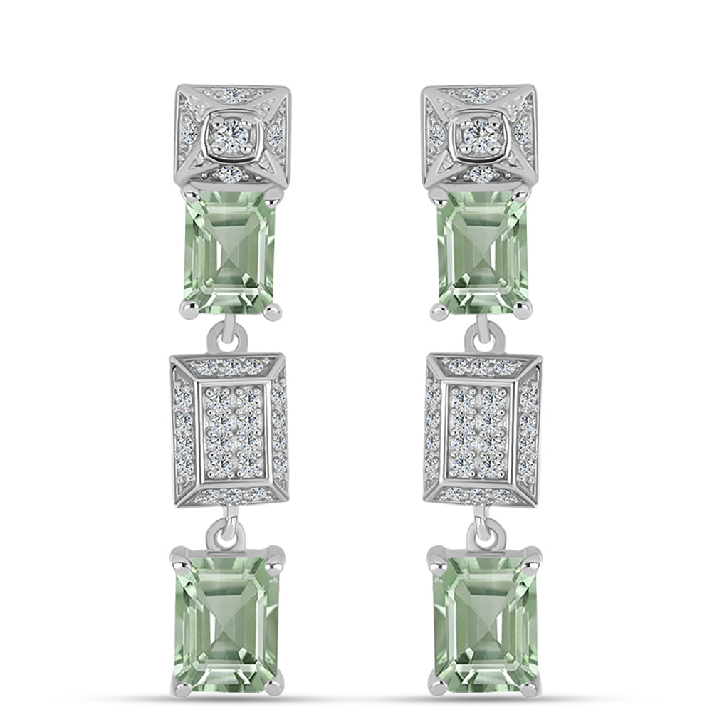 Stříbro 925/1000 - Náušnice se Zeleným Ametystem a Bílým Topazem - Karátové číslo: 5.25. přibližná hmotnost: 6.82 gramů