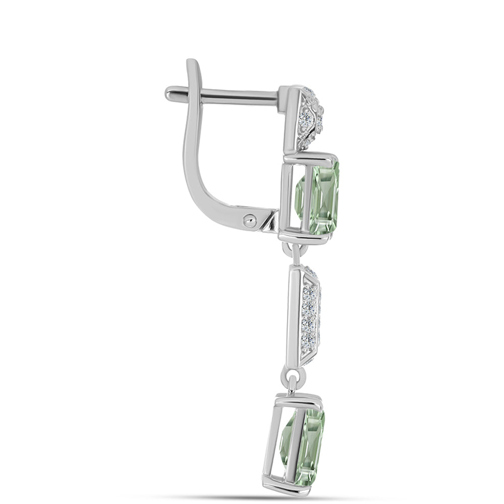 Stříbro 925/1000 - Náušnice se Zeleným Ametystem a Bílým Topazem - Karátové číslo: 5.25. přibližná hmotnost: 6.82 gramů