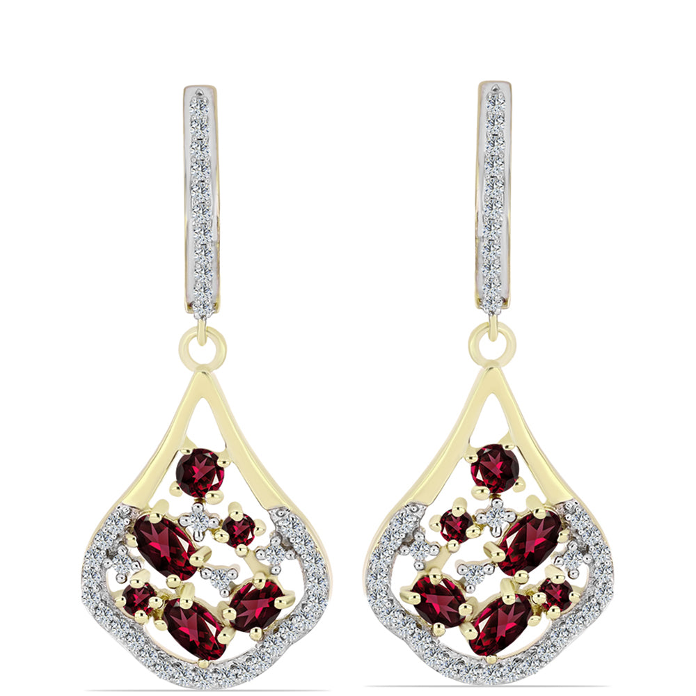 Pozlacené Stříbro 925/1000 - Náušnice s Rhodolitovým Granátem a Bílým Topazem - Karátové číslo: 2.77. přibližná hmotnost: 6.85 gramů