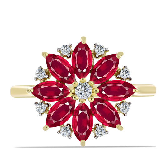 Pozlacené Stříbro 925/1000 - Prsten s Madagaskarským Rubínem a Bílým Topazem - Karátové číslo: 3.22. přibližná hmotnost: 3.3 gramů