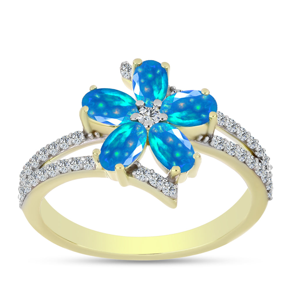 Pozlacené Stříbro 925/1000 - Prsten s Etiopským Nebeským Opálem a Bílým Topazem - Karátové číslo: 1.28. přibližná hmotnost: 3.36 gramů 3 