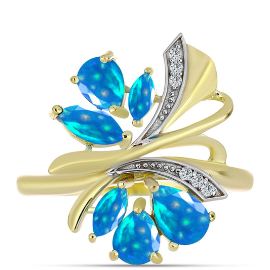 Pozlacené Stříbro 925/1000 - Prsten s Etiopským Nebeským Opálem a Bílým Topazem - Karátové číslo: 0.92. přibližná hmotnost: 3.41 gramů