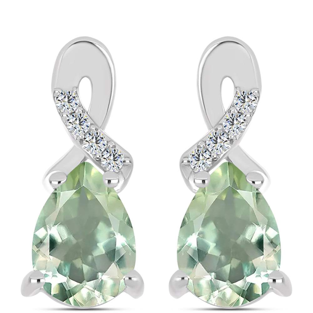 Stříbro 925/1000 - Náušnice se Zeleným Ametystem a Bílým Topazem - Karátové číslo: 1.22. přibližná hmotnost: 2.55 gramů