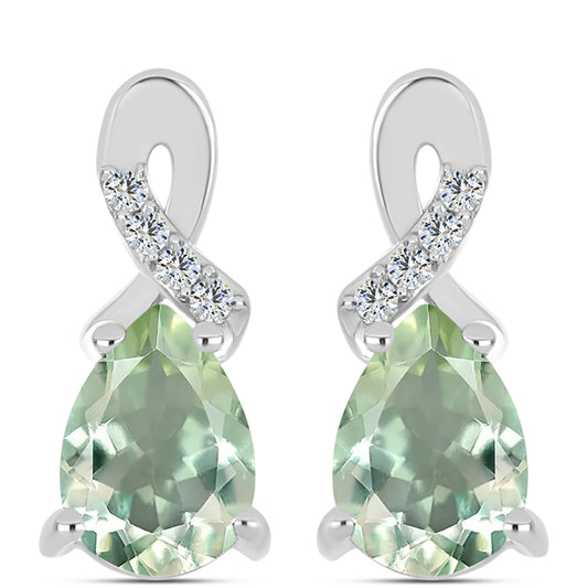 Stříbro 925/1000 - Náušnice se Zeleným Ametystem a Bílým Topazem - Karátové číslo: 1.22. přibližná hmotnost: 2.55 gramů