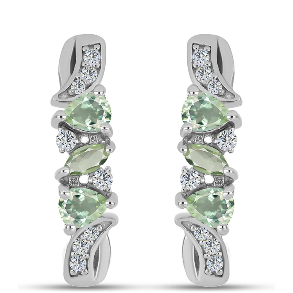 Stříbro 925/1000 - Náušnice se Zeleným Ametystem a Bílým Topazem - Karátové číslo: 0.91. přibližná hmotnost: 4.43 gramů