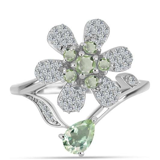 Stříbro 925/1000 - Prsten se Zeleným Ametystem a Bílým Topazem - Karátové číslo: 1.08. přibližná hmotnost: 4.15 gramů