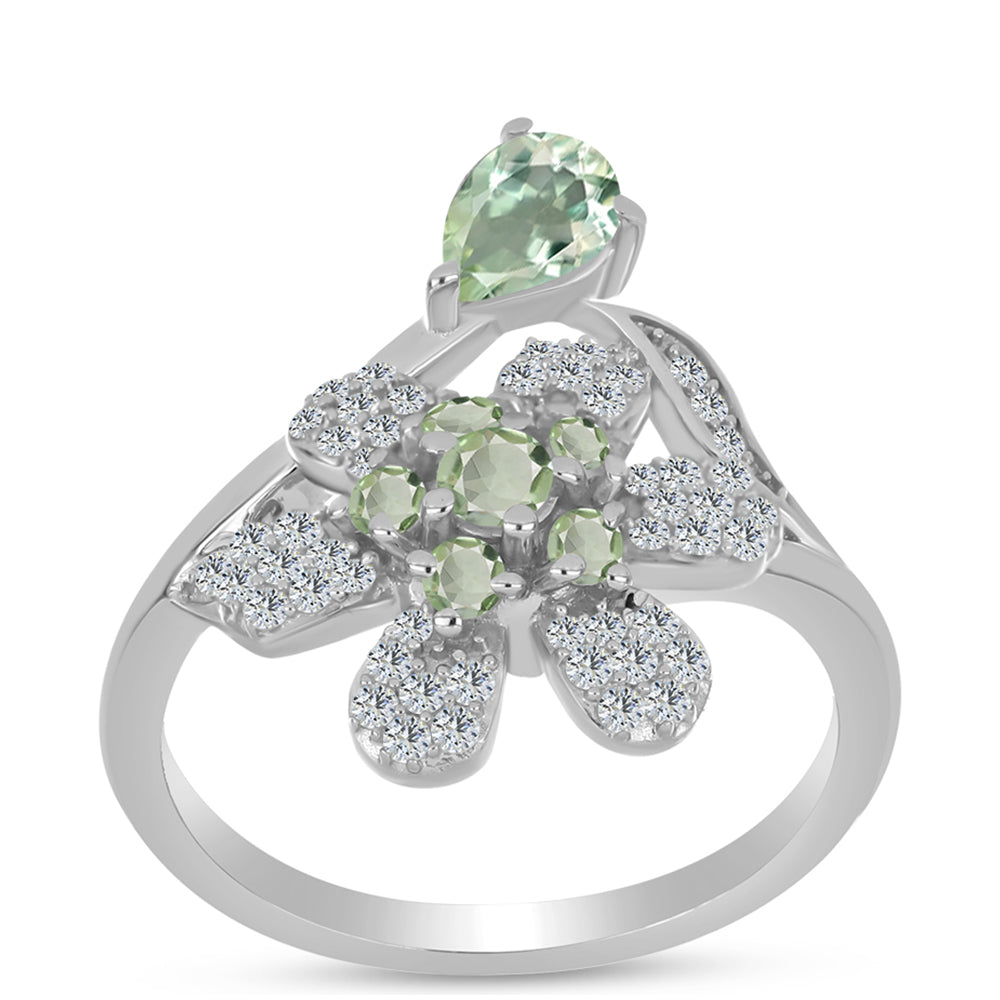 Stříbro 925/1000 - Prsten se Zeleným Ametystem a Bílým Topazem - Karátové číslo: 1.08. přibližná hmotnost: 4.15 gramů