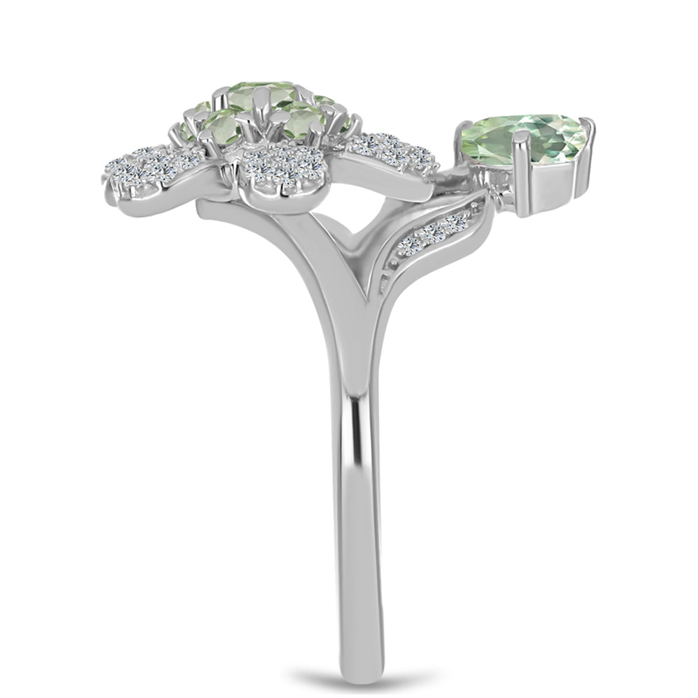 Stříbro 925/1000 - Prsten se Zeleným Ametystem a Bílým Topazem - Karátové číslo: 1.08. přibližná hmotnost: 4.15 gramů