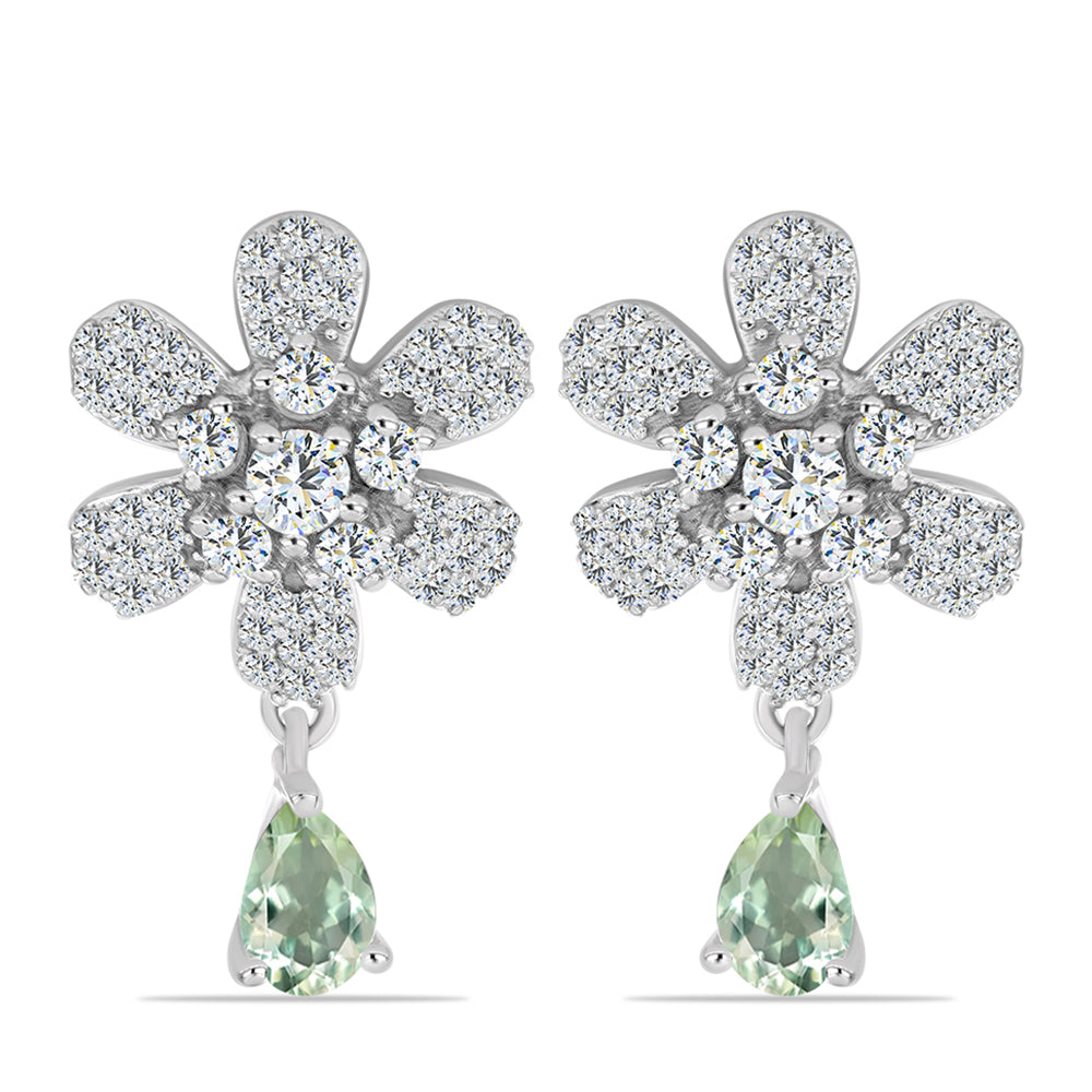 Stříbro 925/1000 - Náušnice se Zeleným Ametystem a Bílým Topazem - Karátové číslo: 2.12. přibližná hmotnost: 5.69 gramů