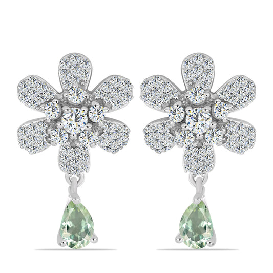 Stříbro 925/1000 - Náušnice se Zeleným Ametystem a Bílým Topazem - Karátové číslo: 2.12. přibližná hmotnost: 5.69 gramů