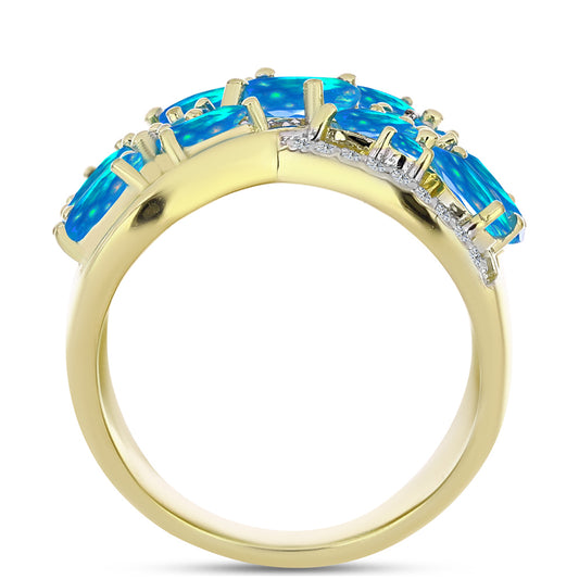 Pozlacené Stříbro 925/1000 - Prsten s Etiopským Nebeským Opálem a Bílým Topazem - Karátové číslo: 3.09. přibližná hmotnost: 9.38 gramů