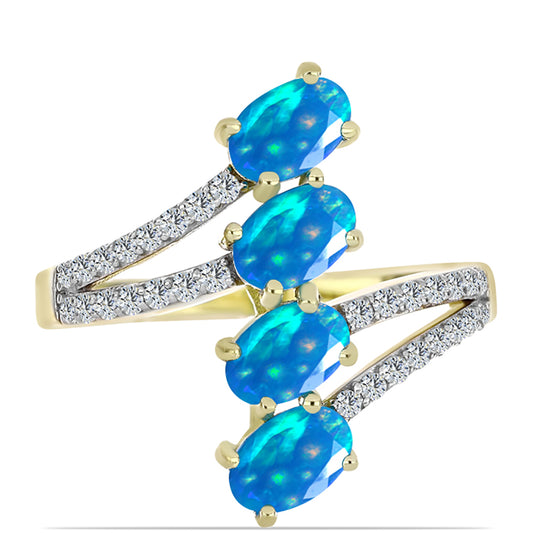 Pozlacené Stříbro 925/1000 - Prsten s Etiopským Nebeským Opálem a Bílým Topazem - Karátové číslo: 1.44. přibližná hmotnost: 3.21 gramů