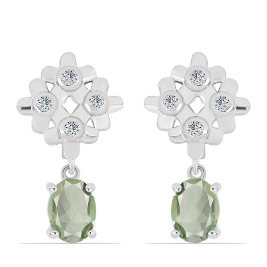 Stříbro 925/1000 - Náušnice se Zeleným Ametystem a Bílým Topazem - Karátové číslo: 2.59. přibližná hmotnost: 5.1 gramů