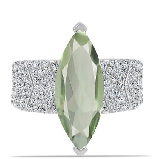 Stříbro 925/1000 - Prsten se Zeleným Ametystem a Bílým Topazem - Karátové číslo: 5.45. přibližná hmotnost: 7.5 gramů