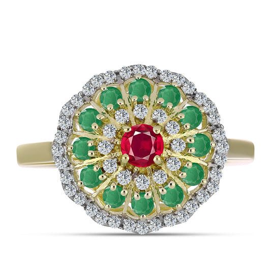 Pozlacené Stříbro 925/1000 - Prsten s Madagaskarským Rubínem a Brazilským Smaragdem - Karátové číslo: 1.15. přibližná hmotnost: 3.55 gramů