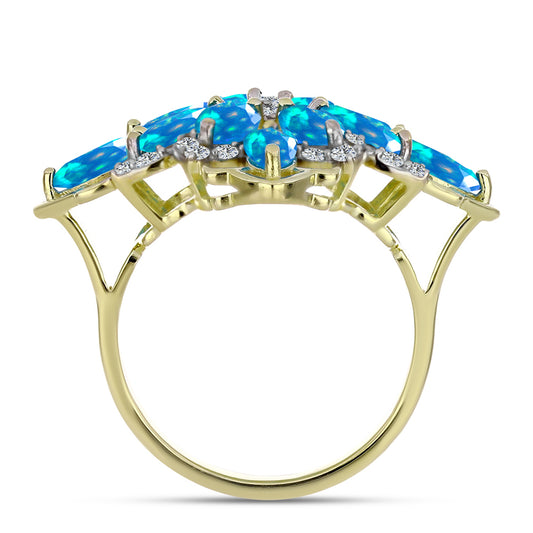 Pozlacené Stříbro 925/1000 - Prsten s Etiopským Nebeským Opálem a Bílým Topazem - Karátové číslo: 2.34. přibližná hmotnost: 5.54 gramů