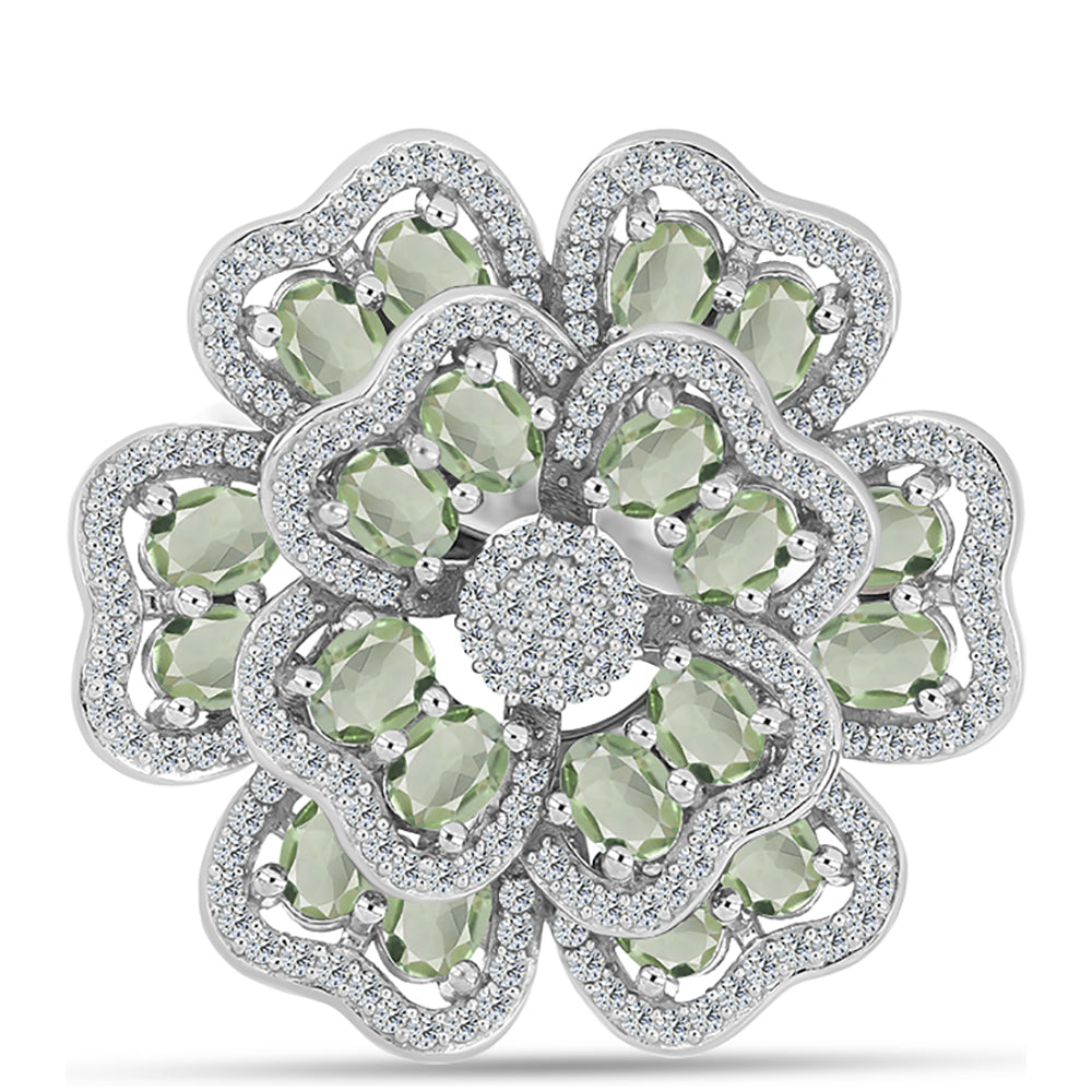 Stříbro 925/1000 - Prsten se Zeleným Ametystem a Bílým Topazem - Karátové číslo: 4.11. přibližná hmotnost: 8.54 gramů