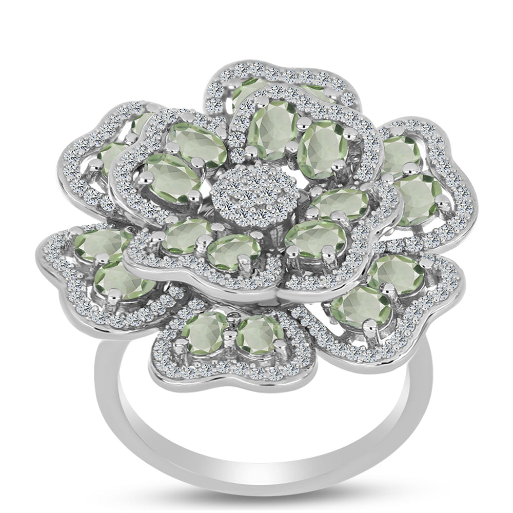 Stříbro 925/1000 - Prsten se Zeleným Ametystem a Bílým Topazem - Karátové číslo: 4.11. přibližná hmotnost: 8.54 gramů