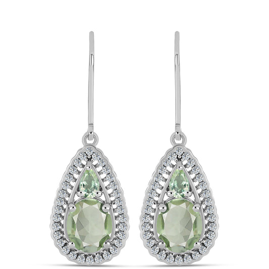 Stříbro 925/1000 - Náušnice se Zeleným Ametystem a Bílým Topazem - Karátové číslo: 4.54. přibližná hmotnost: 5.35 gramů