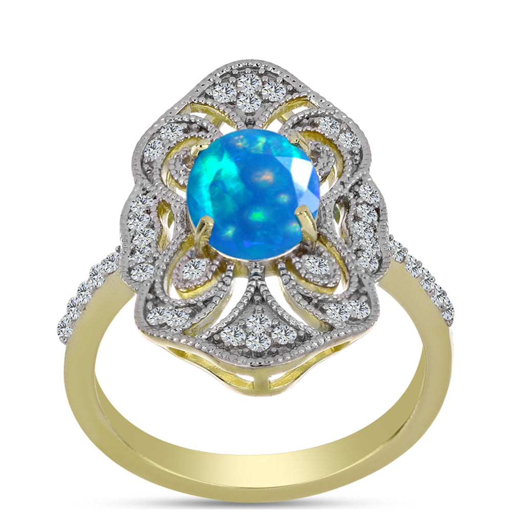 Pozlacené Stříbro 925/1000 - Prsten s Etiopským Nebeským Opálem a Bílým Topazem - Karátové číslo: 1.5. přibližná hmotnost: 4.5 gramů 3 