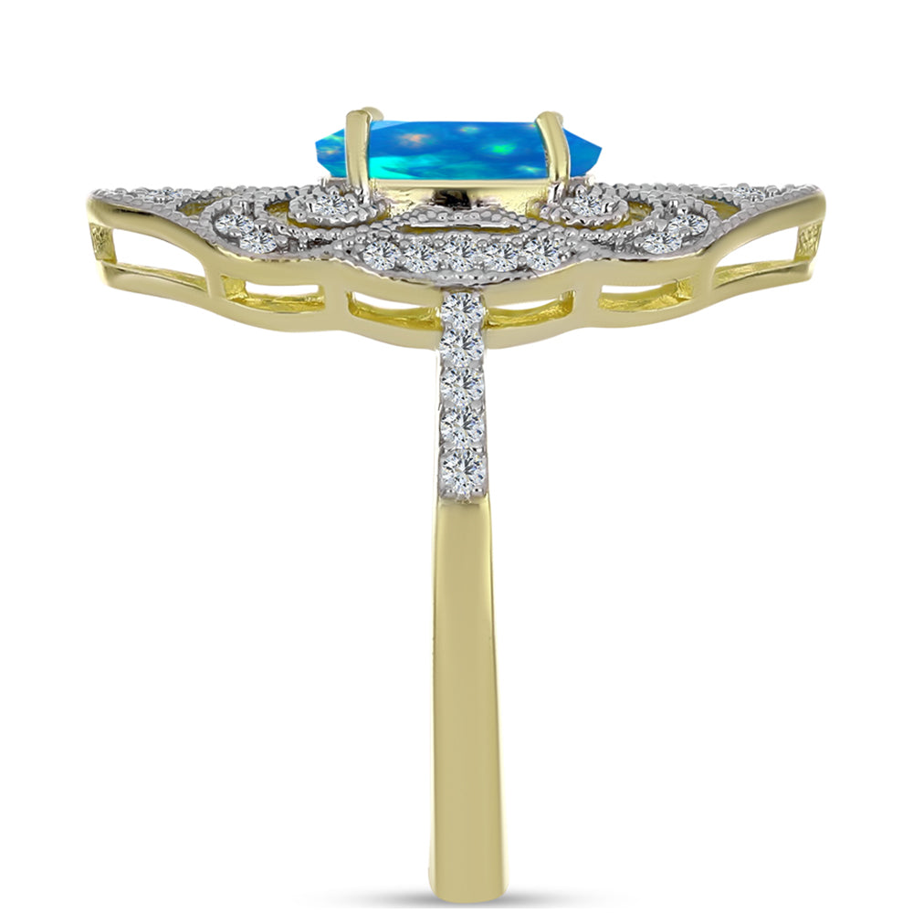 Pozlacené Stříbro 925/1000 - Prsten s Etiopským Nebeským Opálem a Bílým Topazem - Karátové číslo: 1.5. přibližná hmotnost: 4.5 gramů 4 