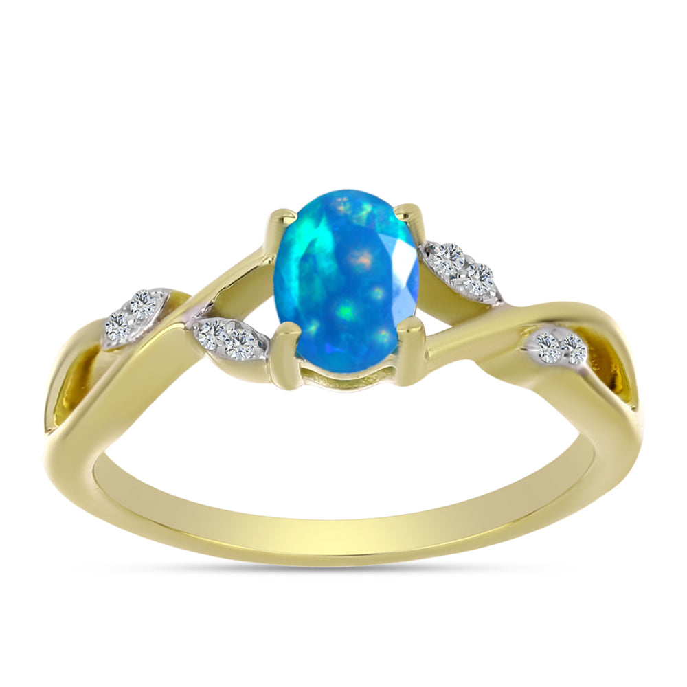 Pozlacené Stříbro 925/1000 - Prsten s Etiopským Nebeským Opálem a Bílým Topazem - Karátové číslo: 0.53. přibližná hmotnost: 2.65 gramů