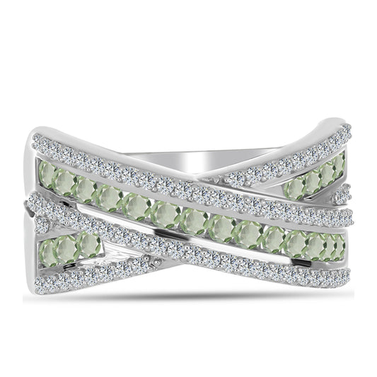 Stříbro 925/1000 - Prsten se Zeleným Ametystem a Bílým Topazem - Karátové číslo: 1.22. přibližná hmotnost: 5.04 gramů