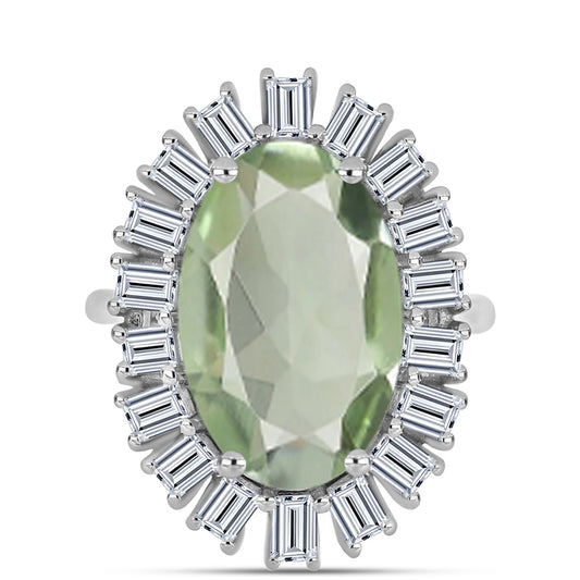 Stříbro 925/1000 - Prsten se Zeleným Ametystem a Bílým Topazem - Karátové číslo: 7.68. přibližná hmotnost: 5.91 gramů