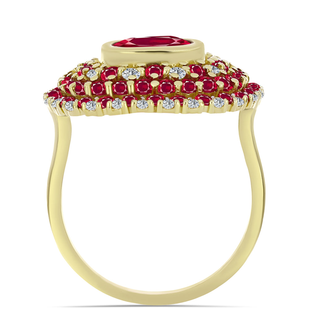 Pozlacené Stříbro 925/1000 - Prsten s Madagaskarským Rubínem a Bílým Topazem - Karátové číslo: 6.04. přibližná hmotnost: 6 gramů