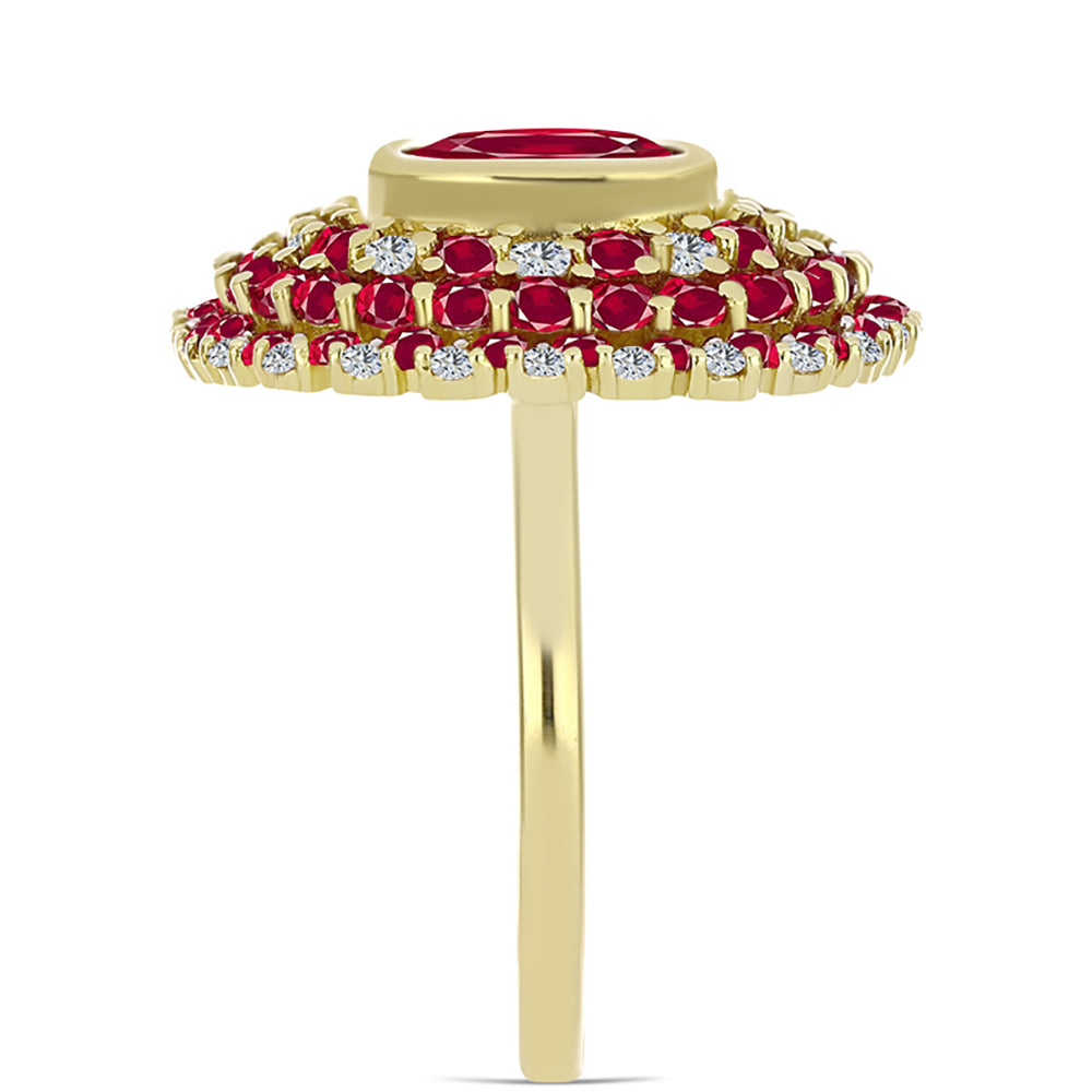 Pozlacené Stříbro 925/1000 - Prsten s Madagaskarským Rubínem a Bílým Topazem - Karátové číslo: 6.04. přibližná hmotnost: 6 gramů