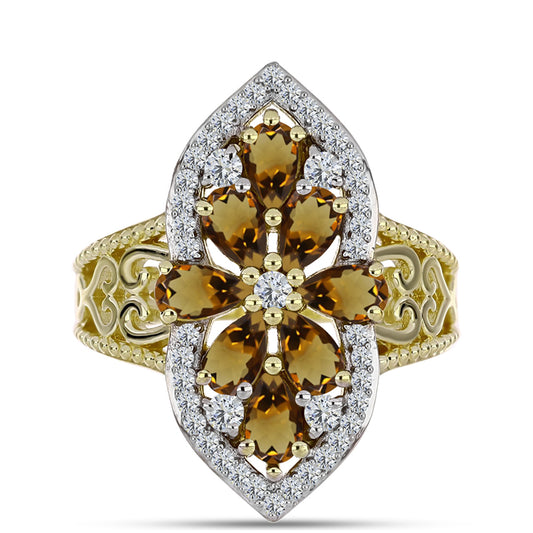 Pozlacené Stříbro 925/1000 - Prsten s Koňakovým Křemenem a Bílým Topazem - Karátové číslo: 1.98. přibližná hmotnost: 4.93 gramů