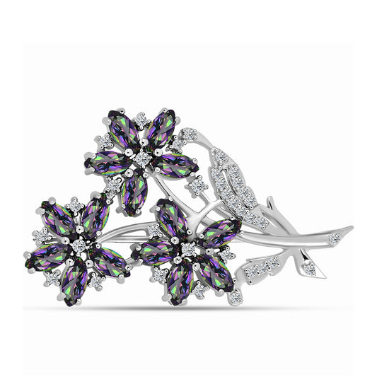 Stříbro 925/1000 - Brož s Brazilským Mystickým Zeleným Křemenem a Bílým Topazem - Karátové číslo: 3.5. přibližná hmotnost: 7.53 gramů