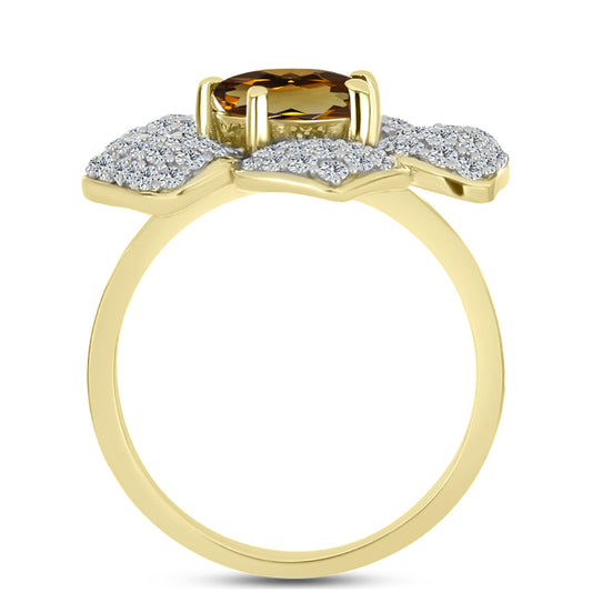 Pozlacené Stříbro 925/1000 - Prsten s Koňakovým Křemenem a Bílým Topazem - Karátové číslo: 2.88. přibližná hmotnost: 5.52 gramů