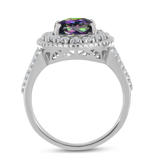 Stříbro 925/1000 - Prsten s Brazilským Mystickým Zeleným Křemenem a Bílým Topazem - Karátové číslo: 3.27. přibližná hmotnost: 4.58 gramů