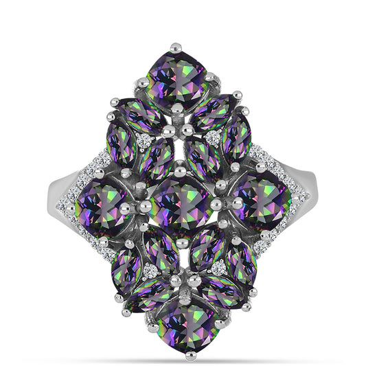 Stříbro 925/1000 - Prsten s Brazilským Mystickým Zeleným Křemenem a Bílým Topazem - Karátové číslo: 4.27. přibližná hmotnost: 6.55 gramů