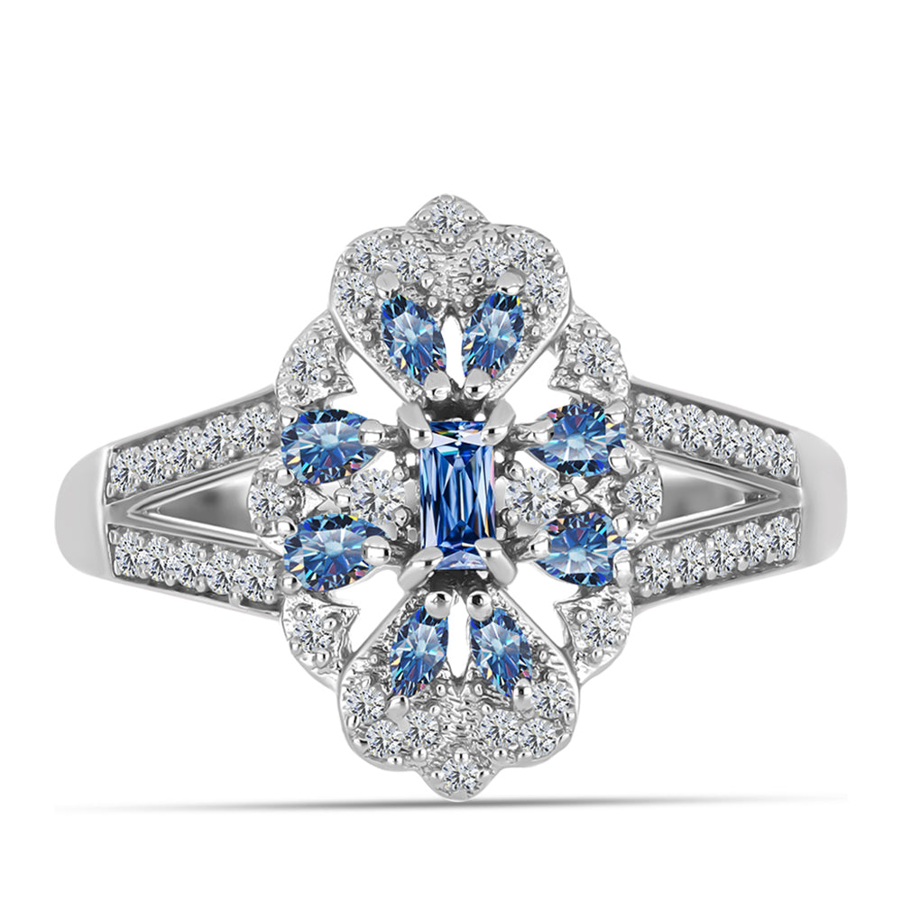 Stříbro 925/1000 - Prsten s S Oceánově Modrým Moissanitem a Bílým Topazem - Karátové číslo: 0.73. přibližná hmotnost: 3.69 gramů